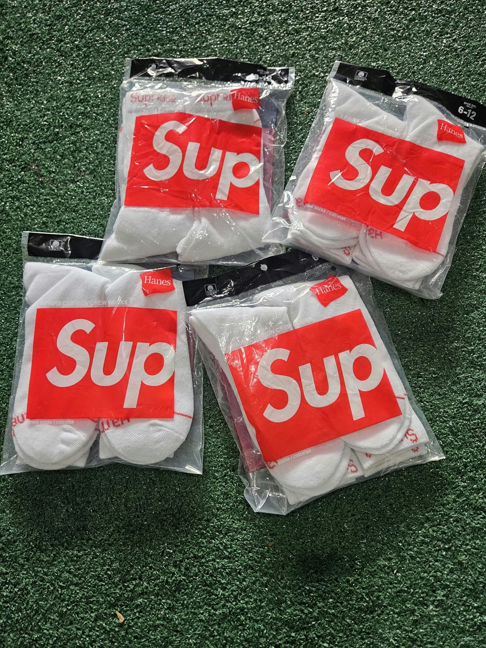 Supreme White Crew Socks with Red 'Sup' Box Logo - Pack